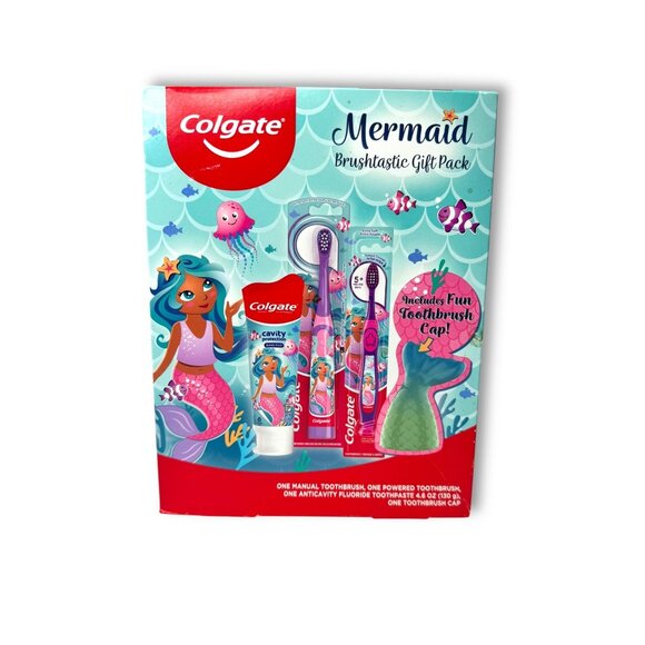 Colgate Mermaid Brushtastic Gift Pack Powered Manual Toothbrush Toothpaste Cap - Picture 1 of 6